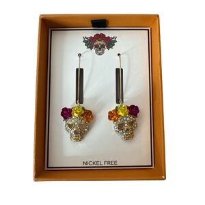 New Nickel Free Earrings Day of the Dead Flower Sugar Skull Dangle Halloween‎